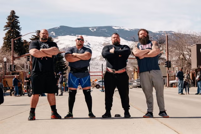 Nick Best, Robert Oberst, Eddie Hall and Brian Shaw on location in the mountains